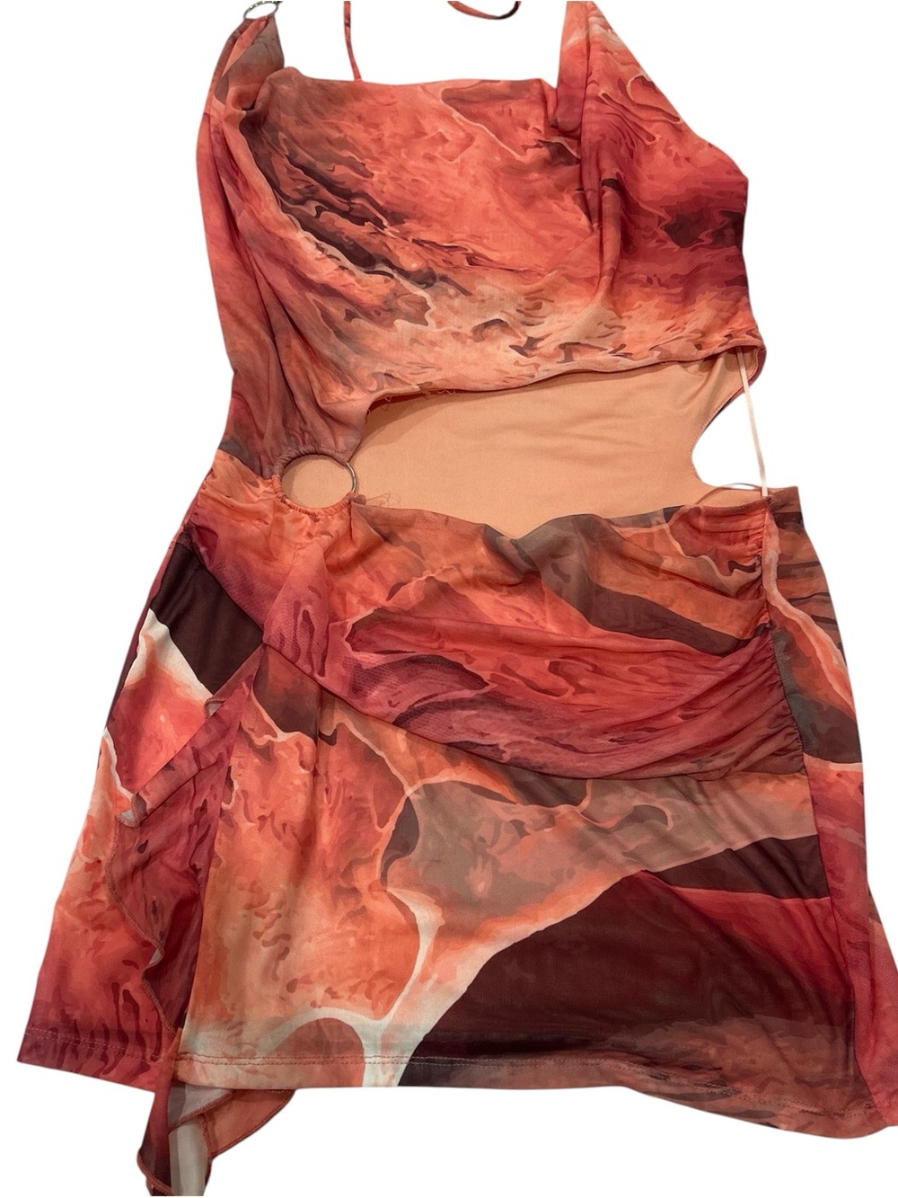 AKIRA Red Marble Print Asymmetrical Cutout Mini Dress